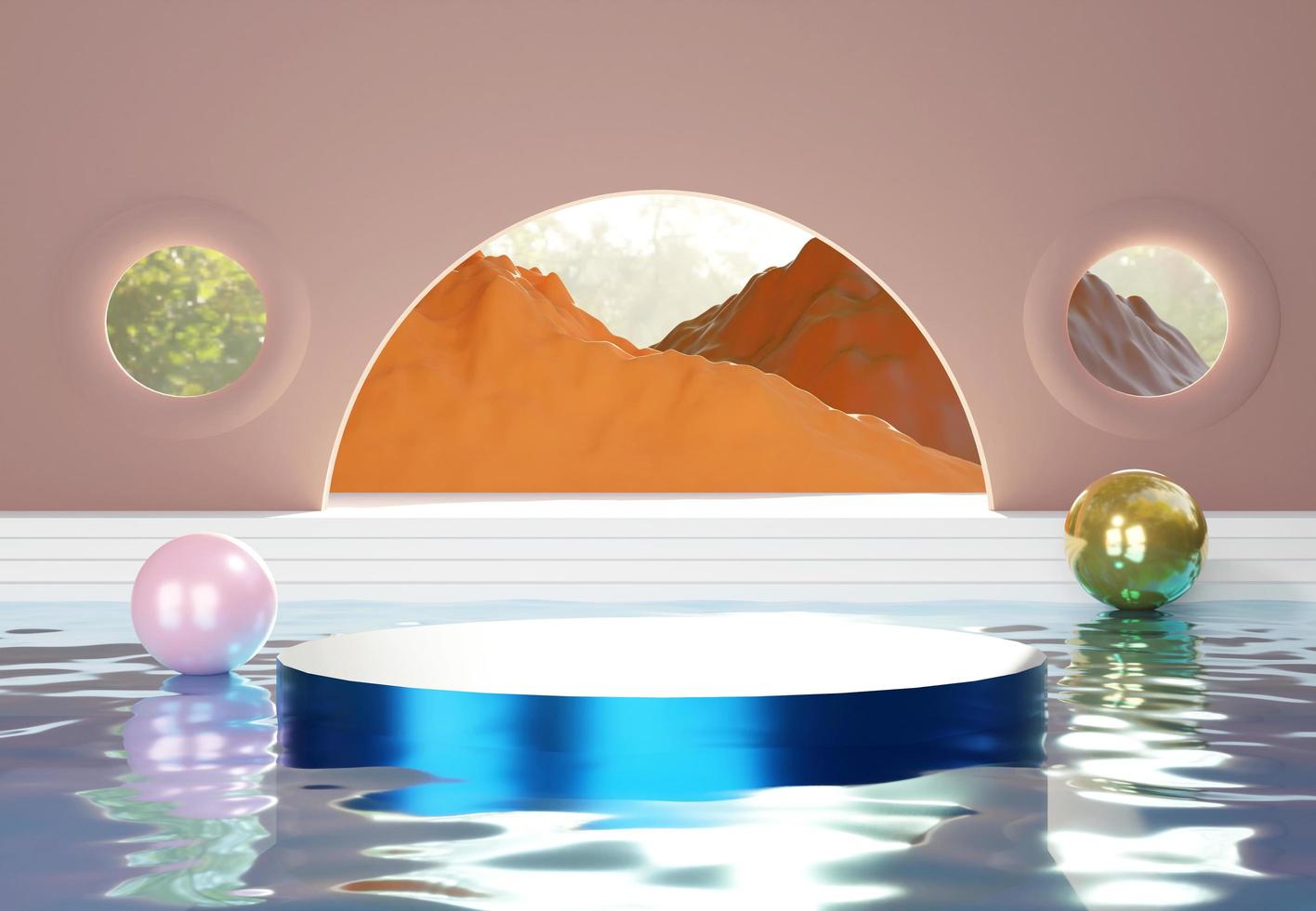 Metallic blue podium with pink and gold spherical objects in pool. Stand to show products. Stage showcase with mountain scene platform for presentation. Modern pedestal display. 3D rendering. photo