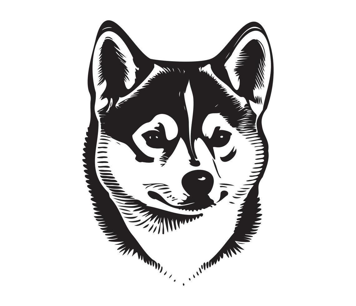 shiba inu rostro, silueta perro rostro, negro y blanco shiba inu vector