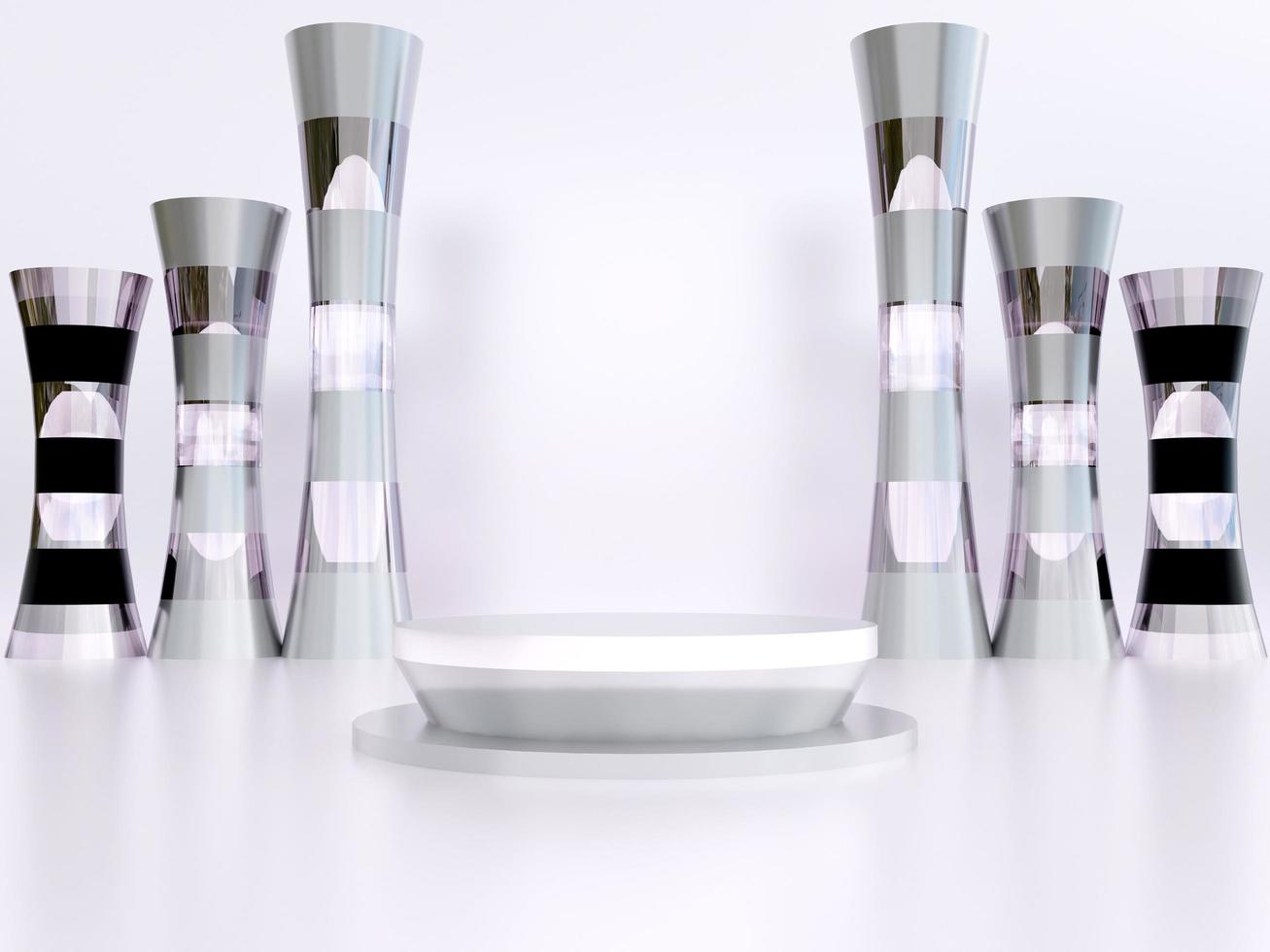 Metallic silver podium with abstract glass objects. Stand to show products. Stage showcase with modern scene for presentation. Pedestal display. 3D rendering. Studio platform template. photo