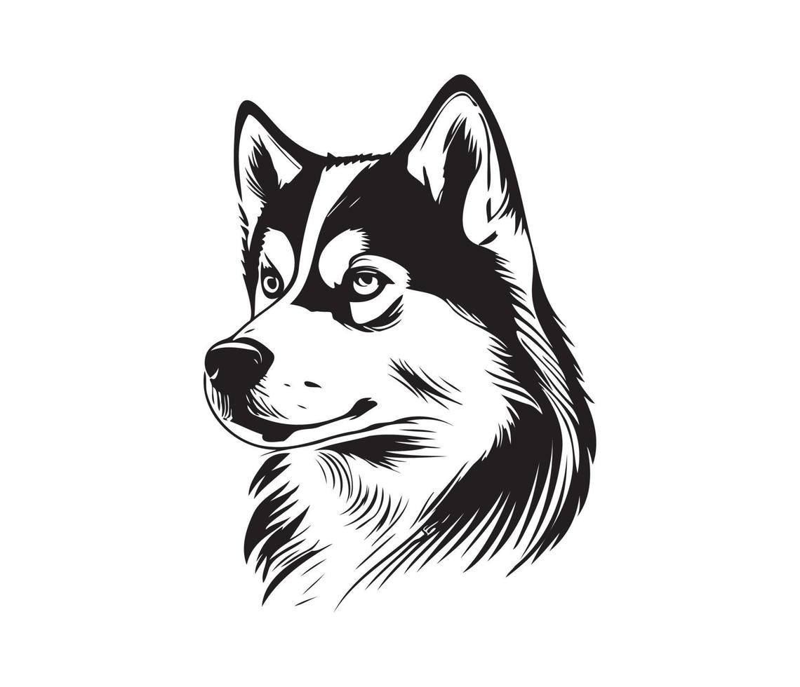 Siberian Husky Face, Silhouette Dog Face, black and white Siberian Husky vector