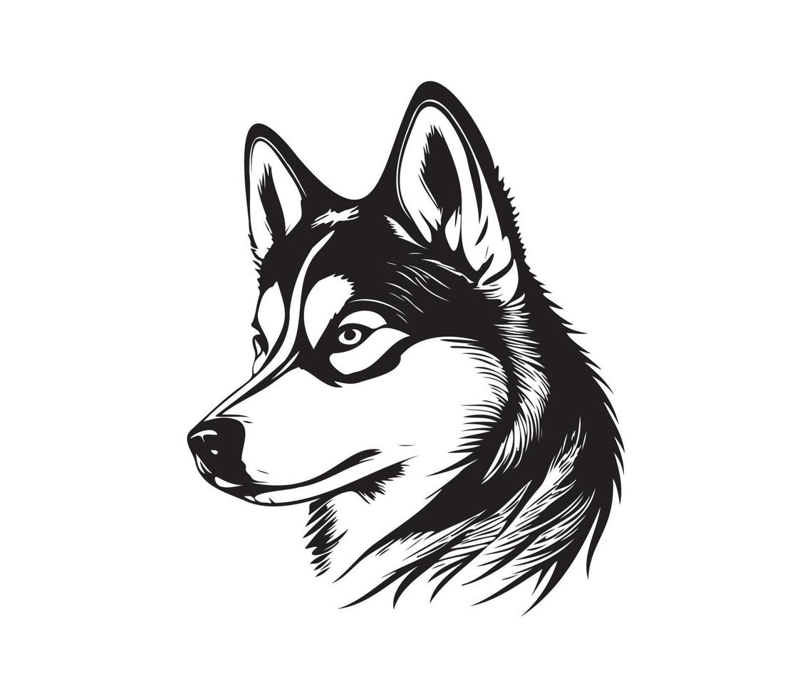 Siberian Husky Face, Silhouette Dog Face, black and white Siberian Husky vector