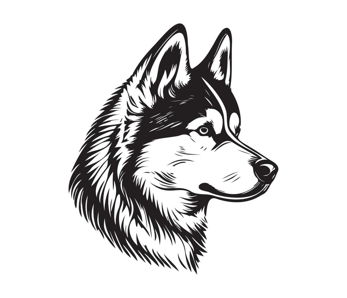 Siberian Husky Face, Silhouette Dog Face, black and white Siberian Husky vector