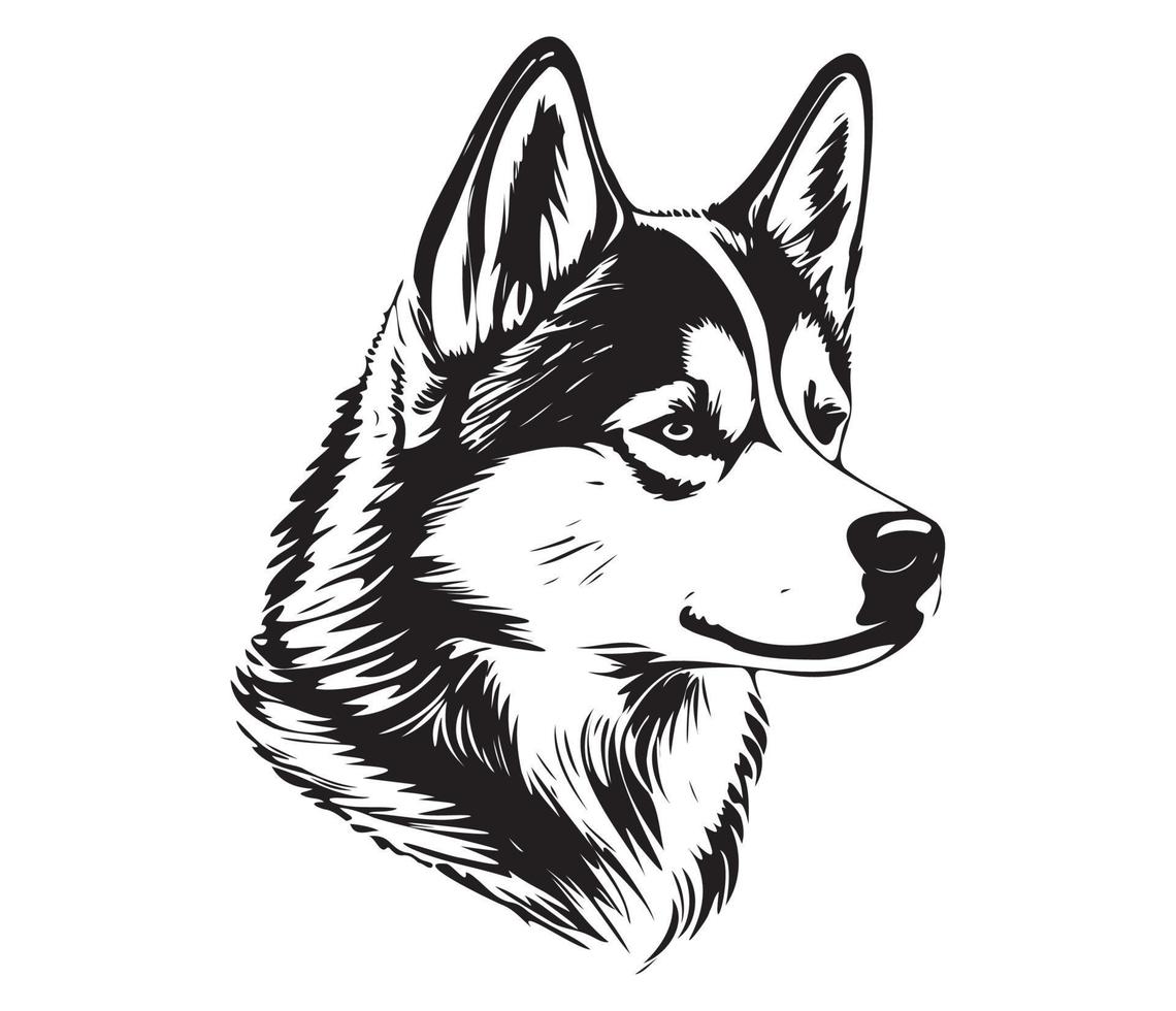 Siberian Husky Face, Silhouette Dog Face, black and white Siberian Husky vector