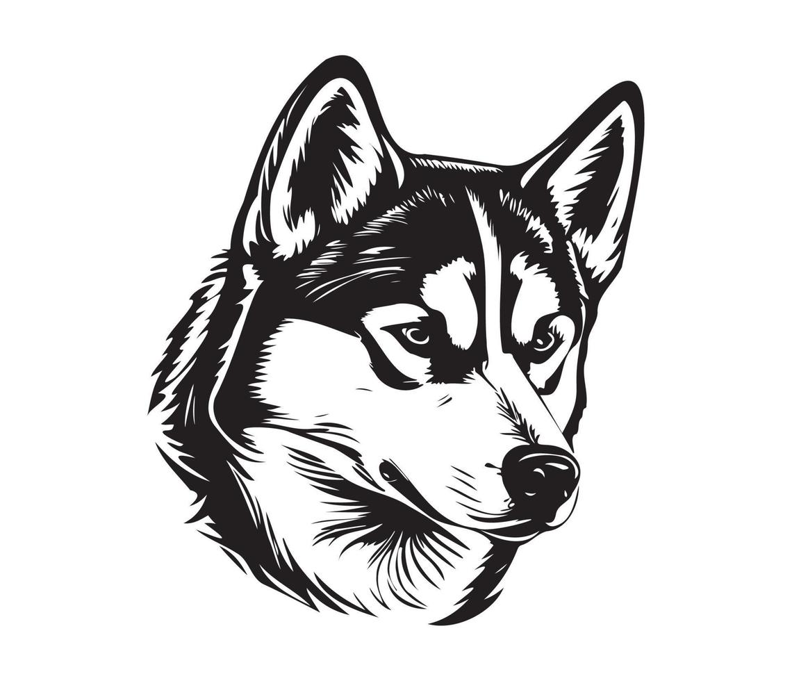 Siberian Husky Face, Silhouette Dog Face, black and white Siberian Husky vector