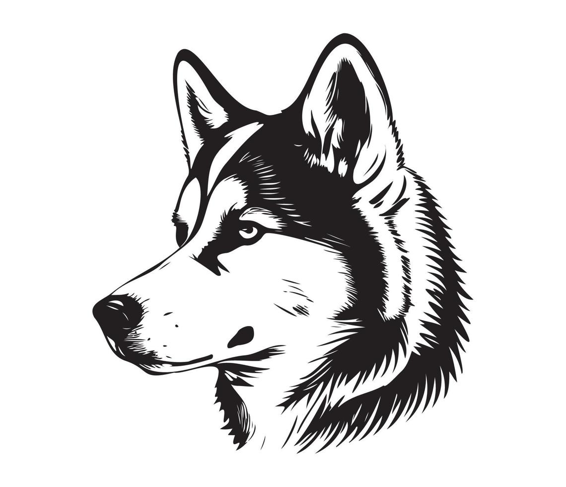 Siberian Husky Face, Silhouette Dog Face, black and white Siberian Husky vector