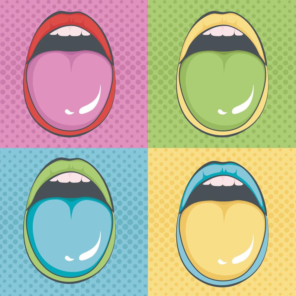 Banner with open mouth and tongue  in pop art comic style. Retro vector illustration.