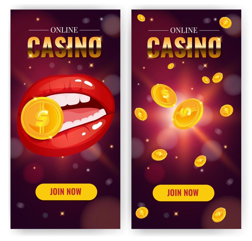 Casino vertical banner set with lips and golden coins. vector