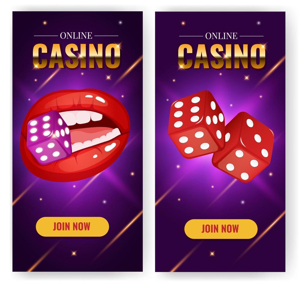 Casino vertical banner set with lips and dice. vector