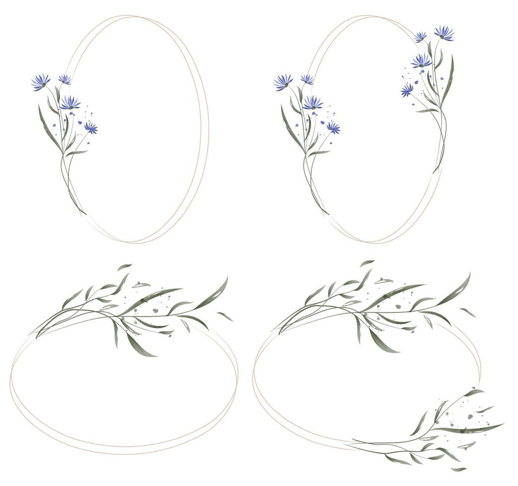 Oval frame collection with watercolor flowers and leaves. vector