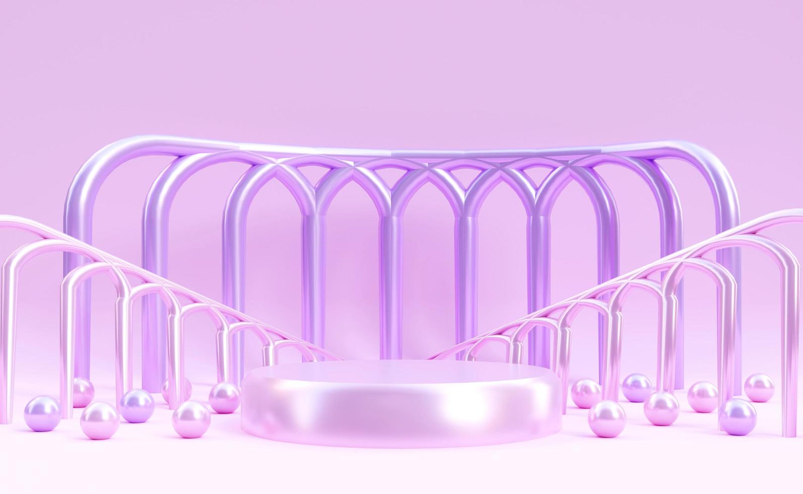 Glossy pink podium with tiny spherical objects on purple  background. Luxury stand to show products. Stage showcase with beautiful girly scene for presentation. Pedestal display. 3D rendering. photo