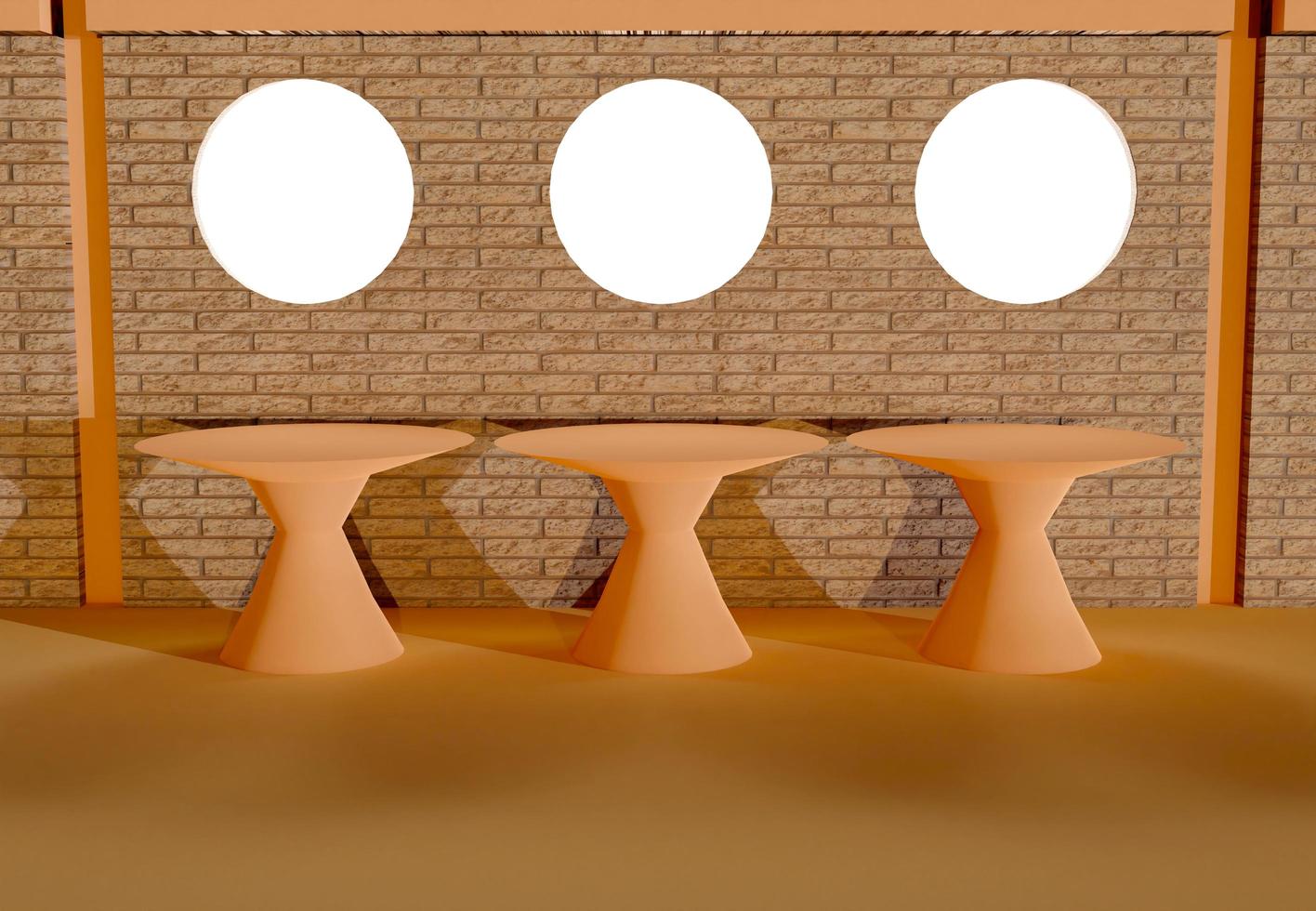 Set of three podiums with brick wall. Stand to show products. Stage showcase for presentation. Pedestal display. 3D rendering. Studio platform template. photo
