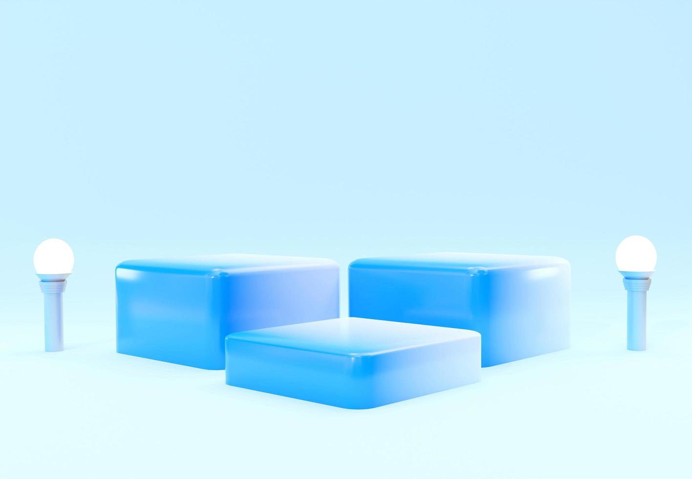 Gradient blue podium with light bulb. Stand to show products. Stage showcase with minimal scene for presentation. Pedestal display. 3D rendering. Studio platform template photo