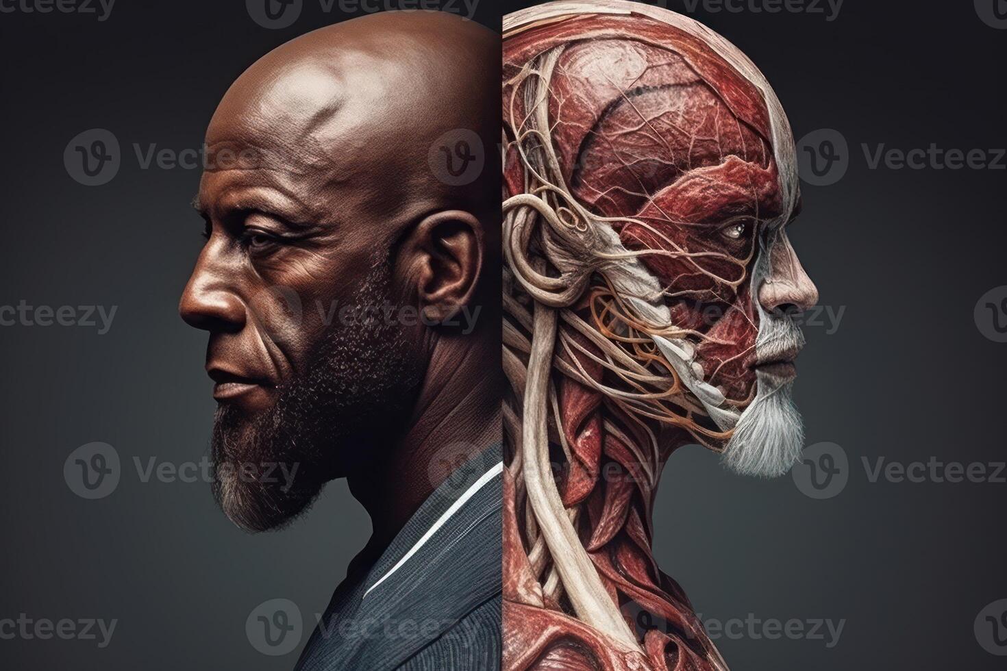 humano anatomía exhibiendo masculino músculos con nervios, aislado en negro fondo, generativo ai. foto