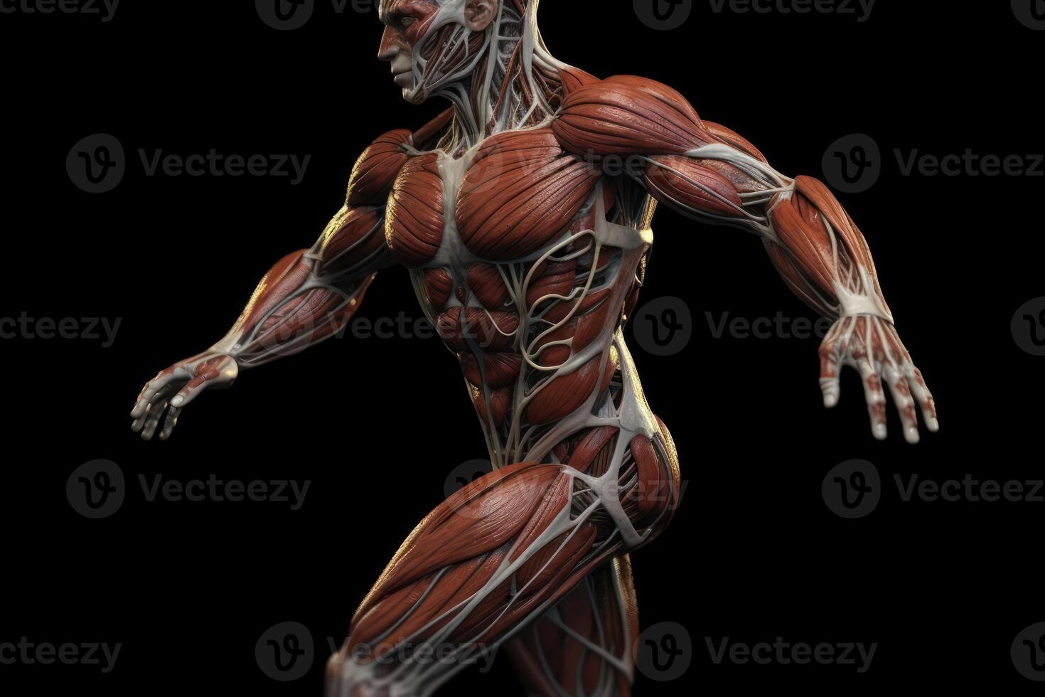 Human anatomy showcasing male muscles with nerves, isolated on black background, . photo