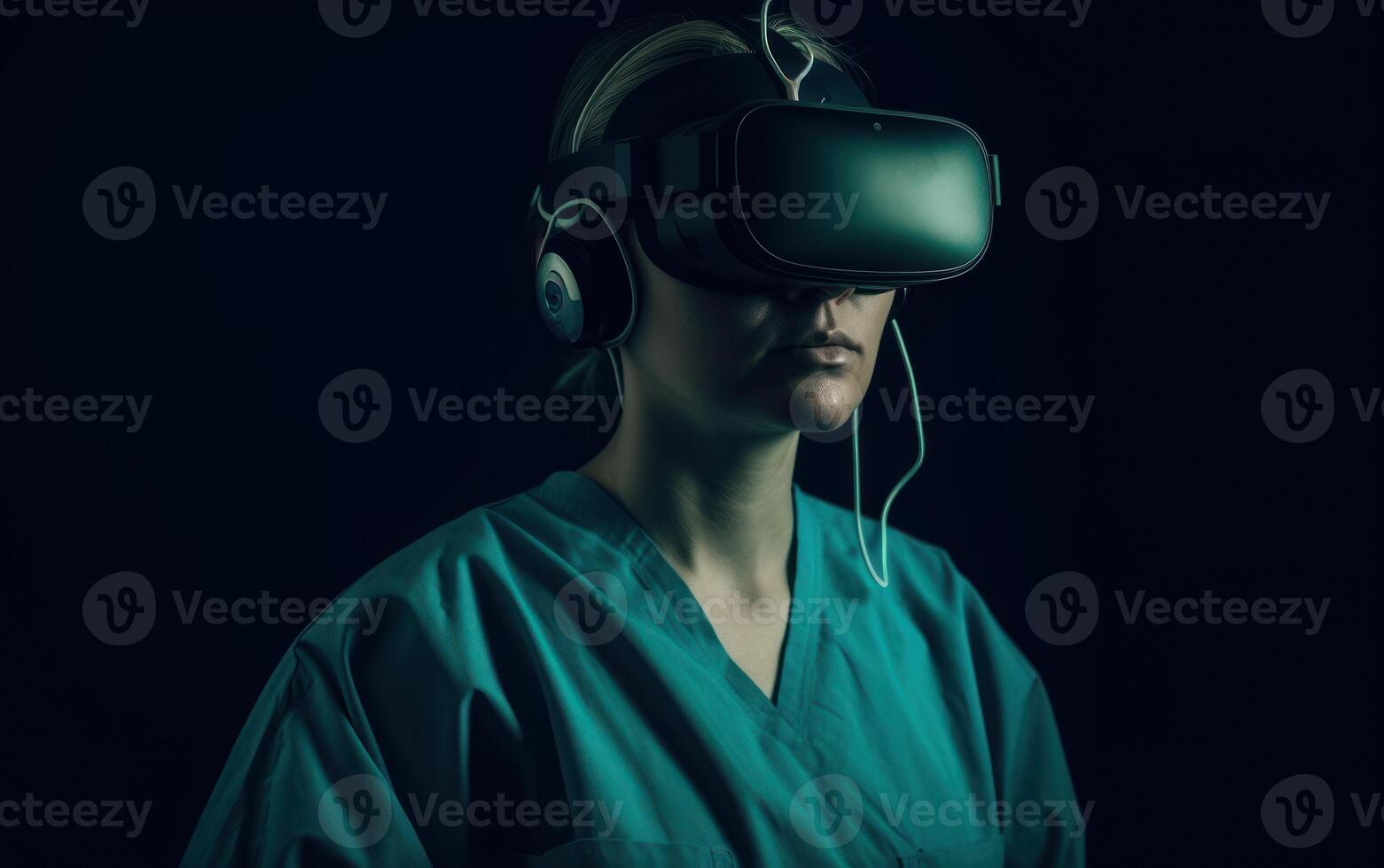 joven masculino cirujano poniéndose vr gafas de protección en operando habitación, mejorando médico capacidades, generativo ai. foto