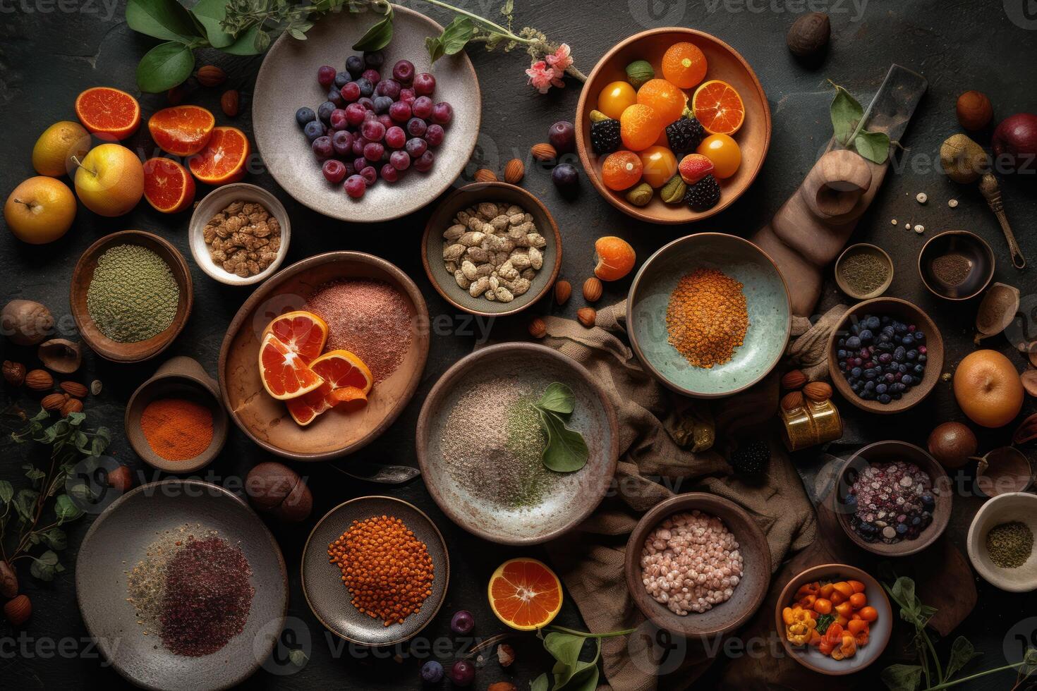 encantador mesa exhibiendo un diverso formación de frutas y vegetales para un saludable, apetitoso comida, generativo ai. foto