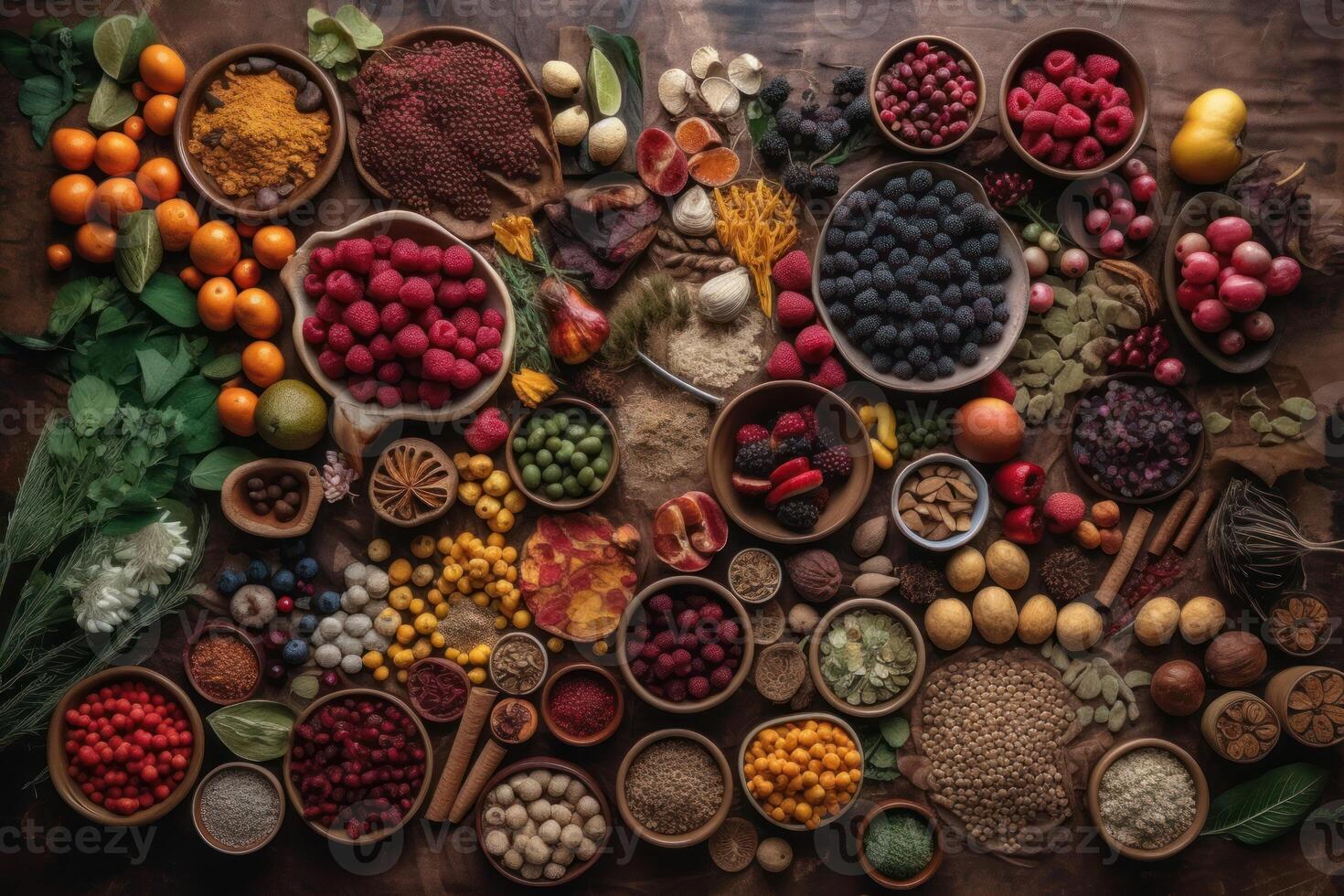 Delightful table showcasing a diverse array of fruits and vegetables for a healthy, appetizing meal, . photo