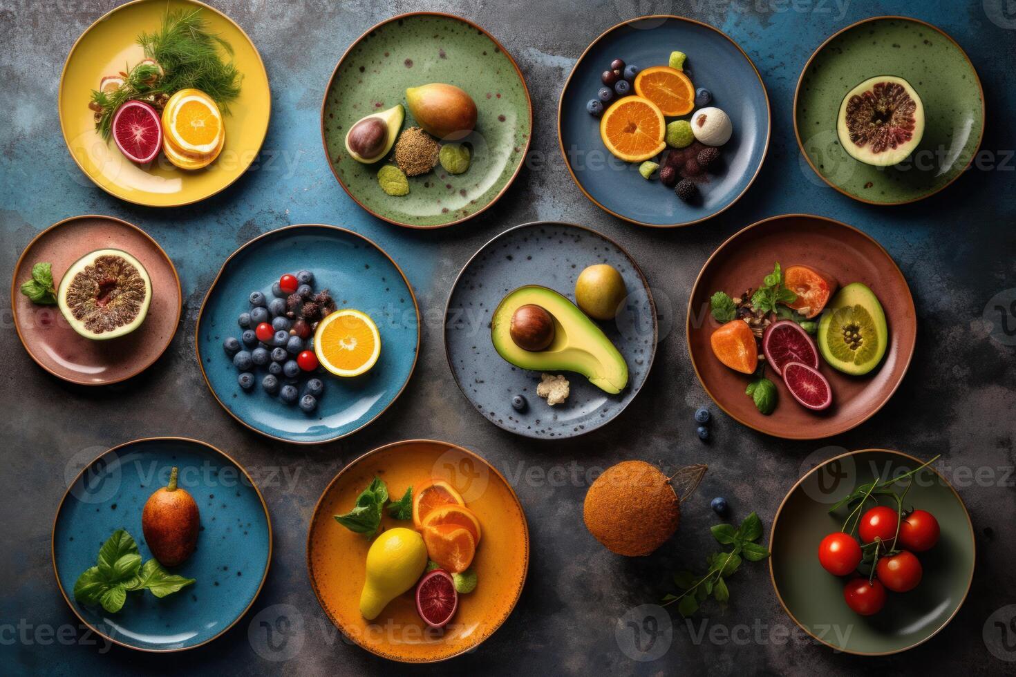 A table full of bowls of food including a variety of ingredients including blueberries, blueberries, and oranges. . photo