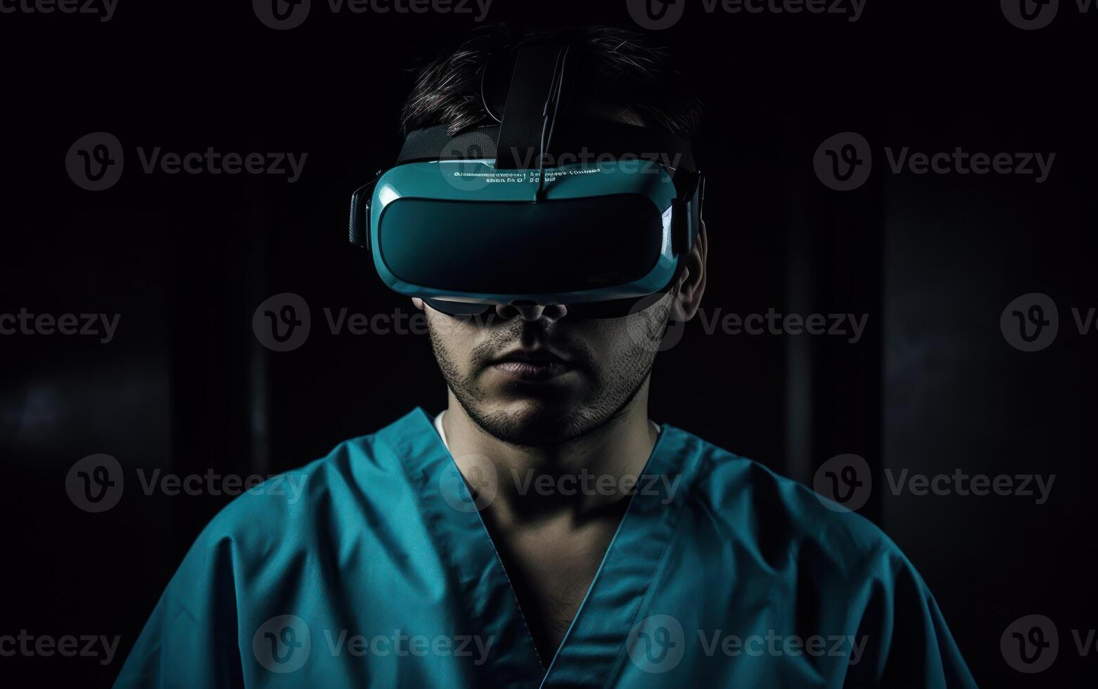 joven masculino cirujano poniéndose vr gafas de protección en operando habitación, mejorando médico capacidades, generativo ai. foto