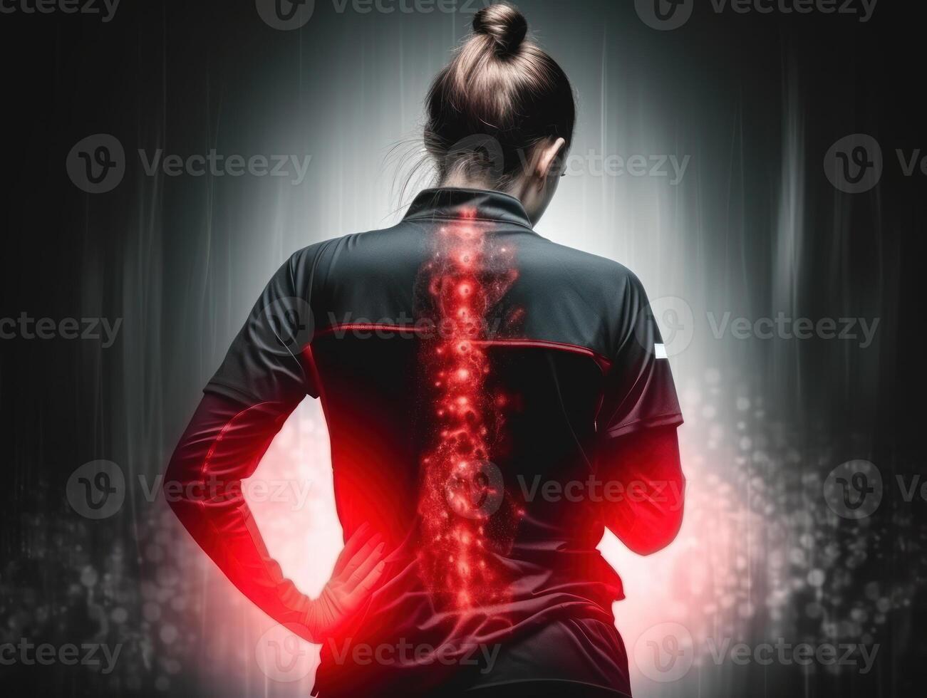 Sportswoman experiencing back pain, highlighting the importance of proper care in athletics, . photo