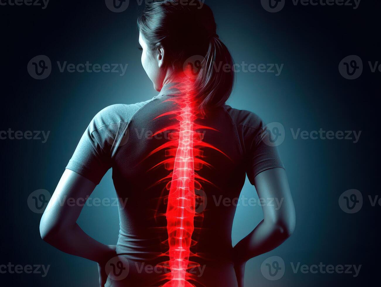 Sportswoman experiencing back pain, highlighting the importance of proper care in athletics, . photo