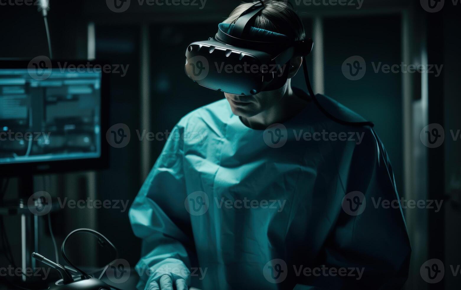 Surgeon utilizing VR goggles in a state of the art operating room for enhanced precision, . photo