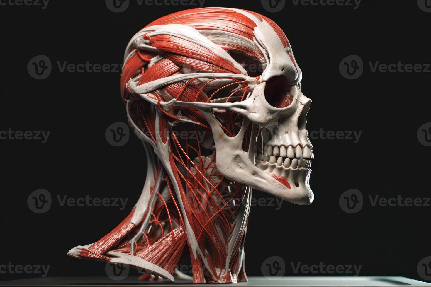 Human anatomy showcasing male muscles with nerves, isolated on black background, . photo