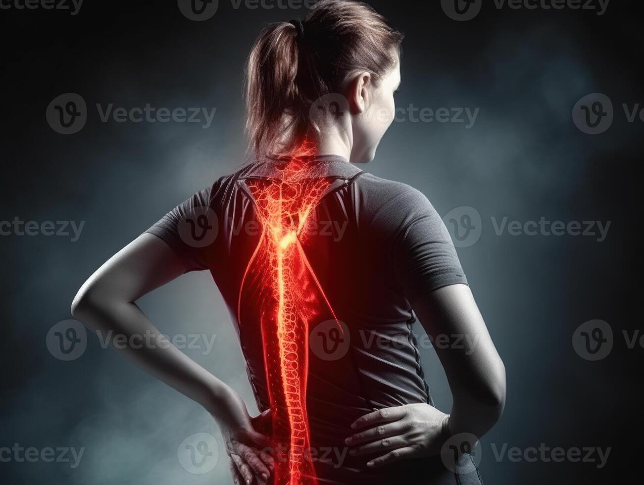 Sportswoman experiencing back pain, highlighting the importance of proper care in athletics, . photo