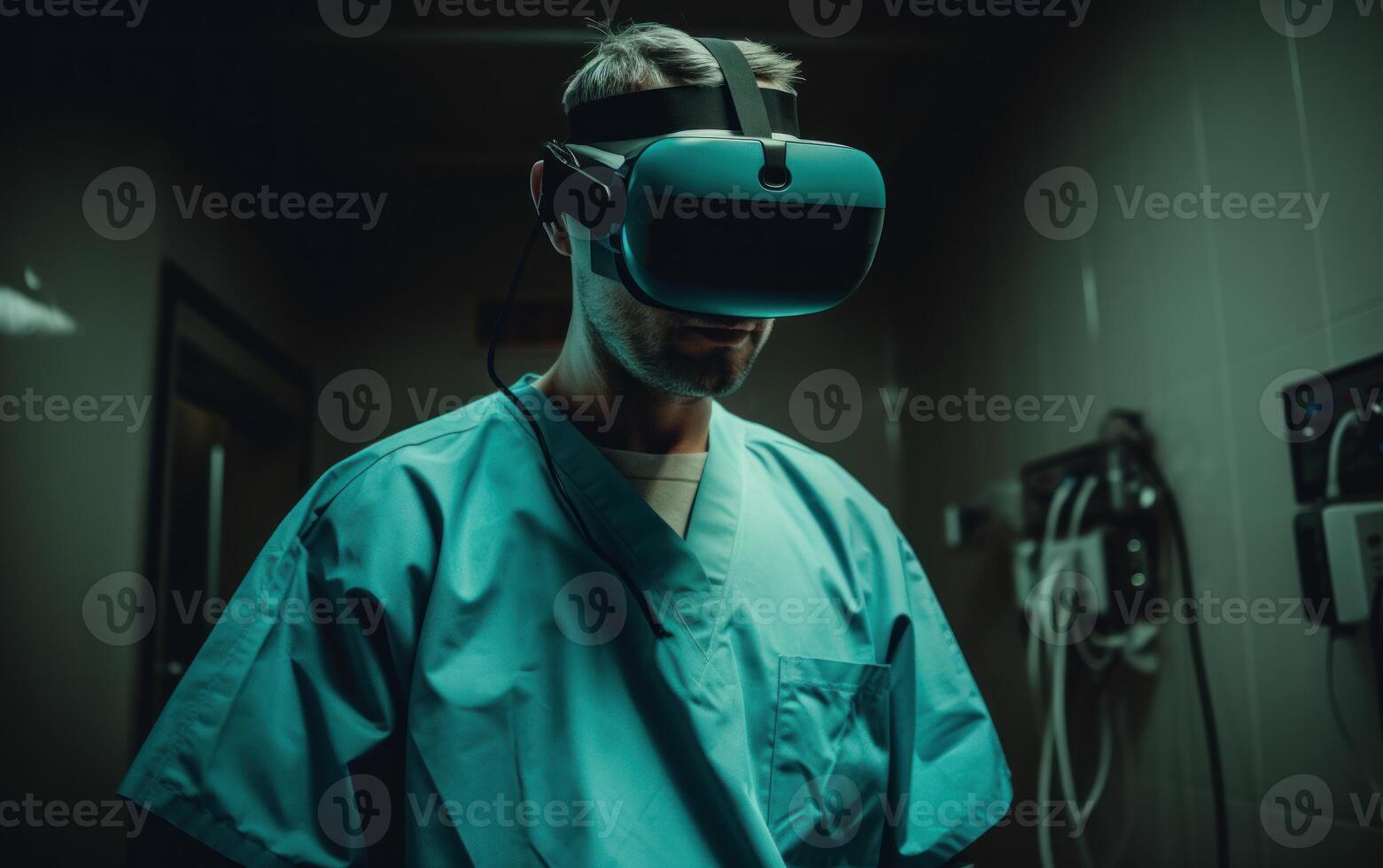 Young male surgeon donning VR goggles in operating room, enhancing medical capabilities, . photo