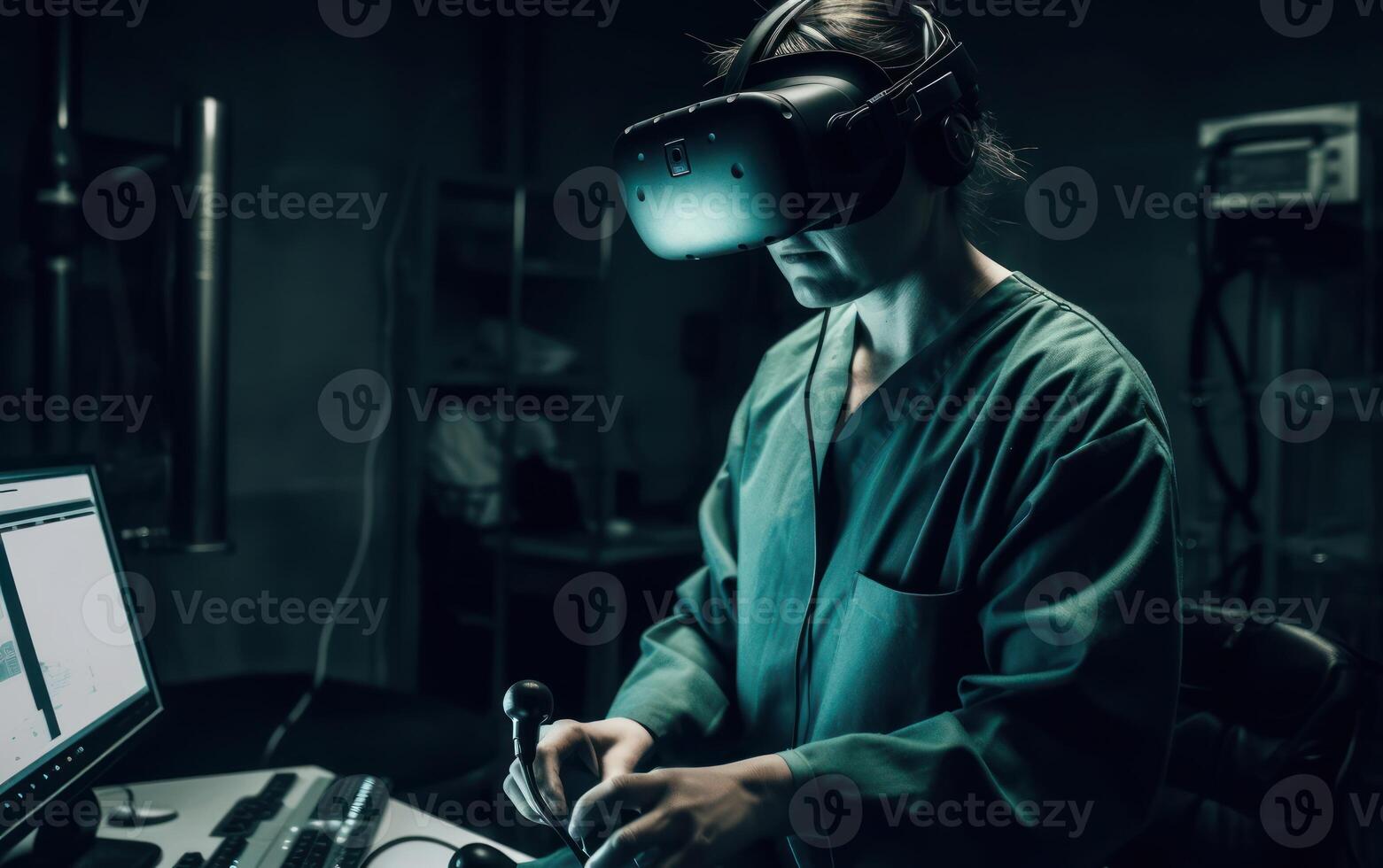 Surgeon utilizing VR goggles in a state of the art operating room for enhanced precision, . photo