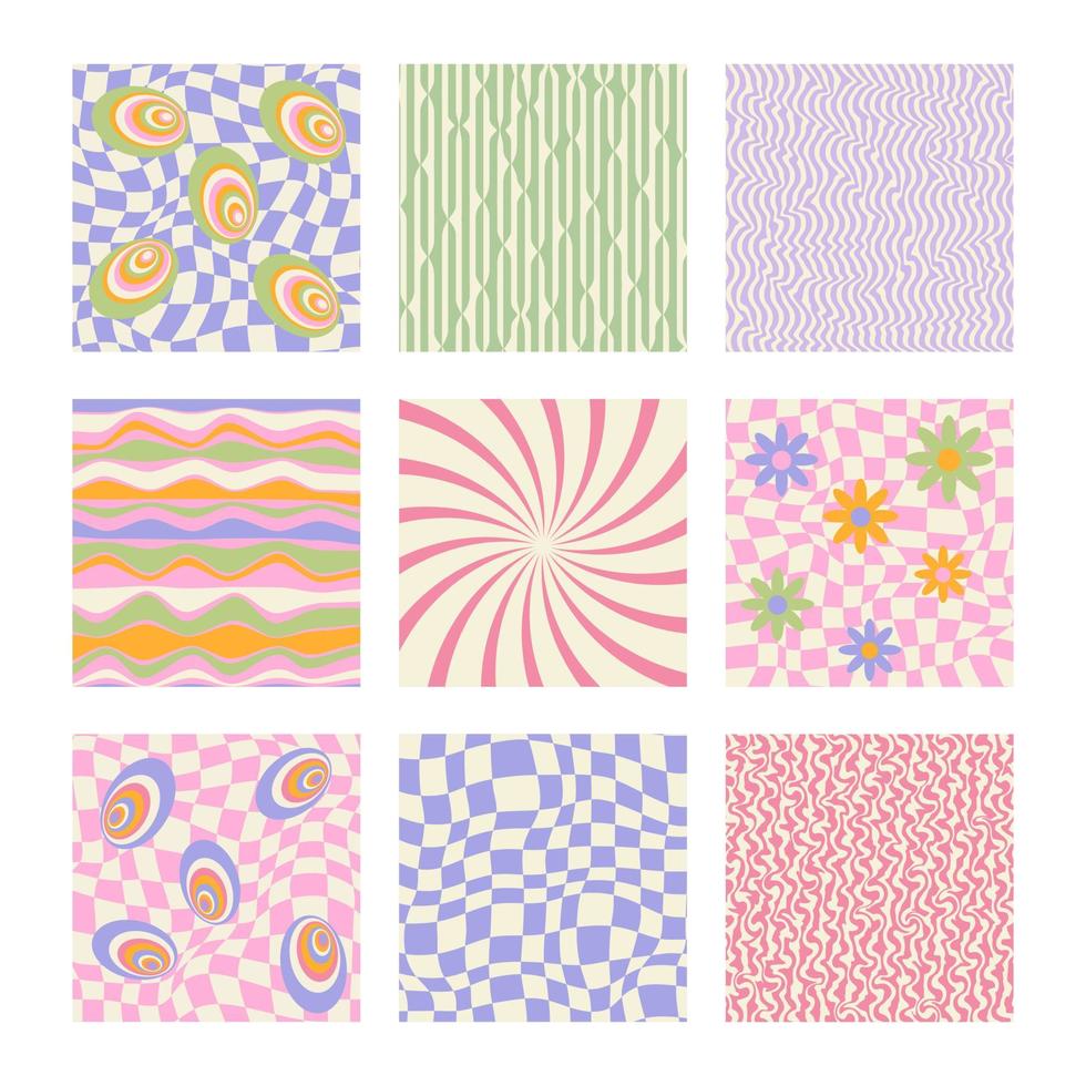 Big set of isolated Poster. 1970s Retro pattern groovy trippy.  Wavy Swirl Pattern, optical illusion. Flowers and psychedelic patterns. Abstract background. Hippie Aesthetic. Vector Illustration