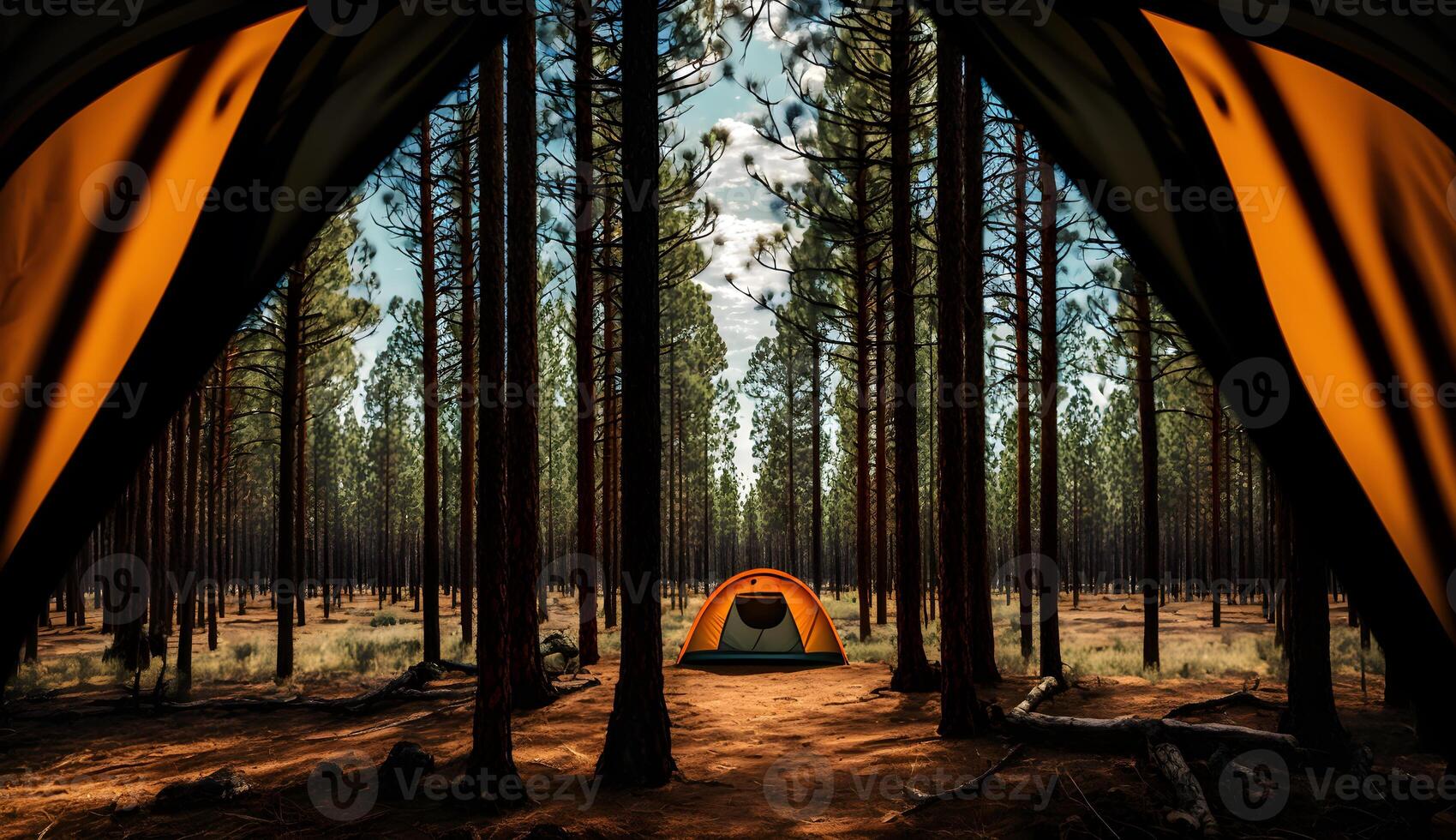 summer camp in the pine forest,view of camping tents among the pine trees , photo