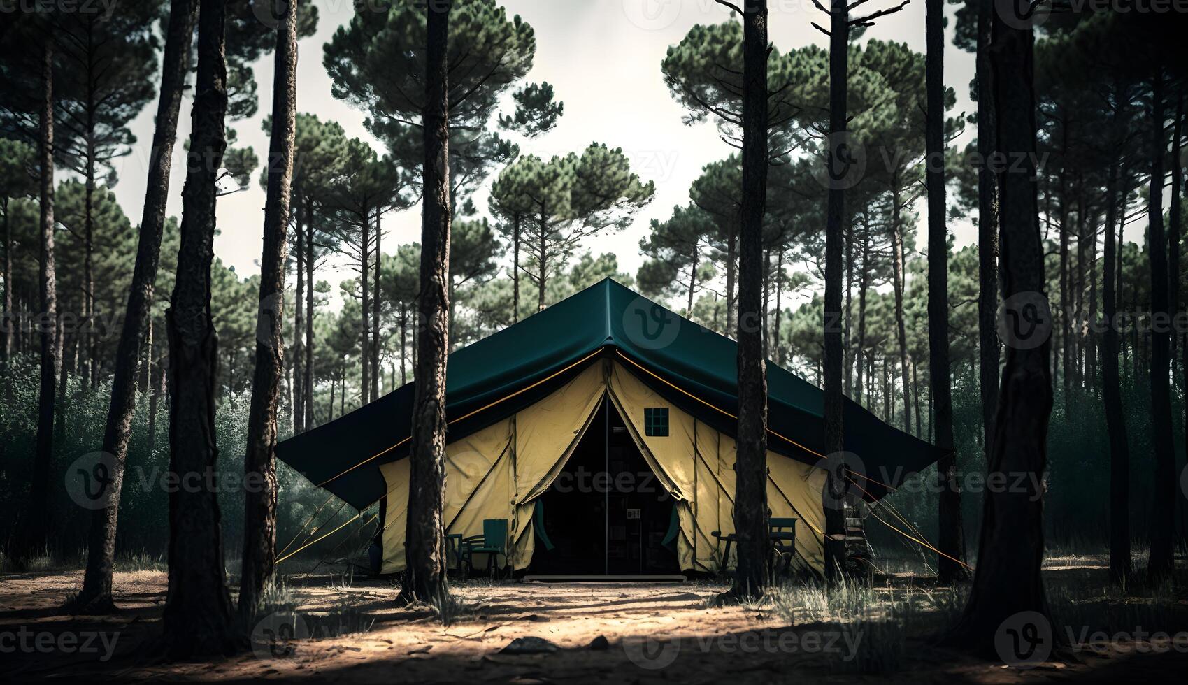 verano acampar en el pino vista al bosque de cámping carpas entre el pino arboles ,generativo ai foto