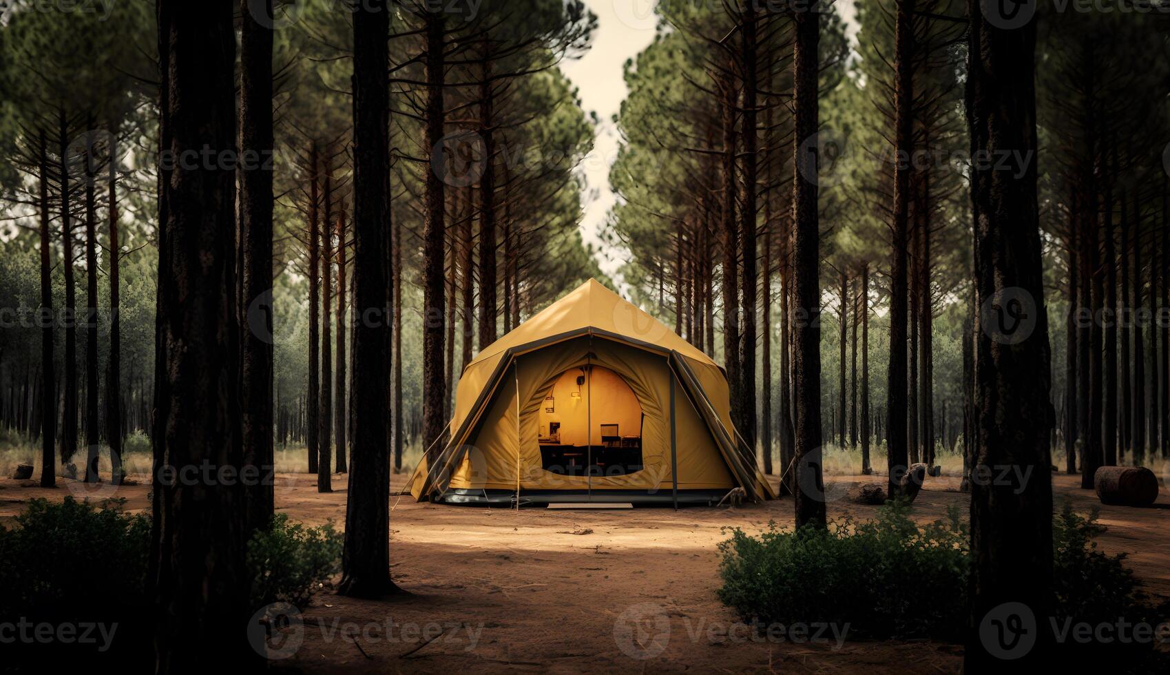 summer camp in the pine forest,view of camping tents among the pine trees , photo