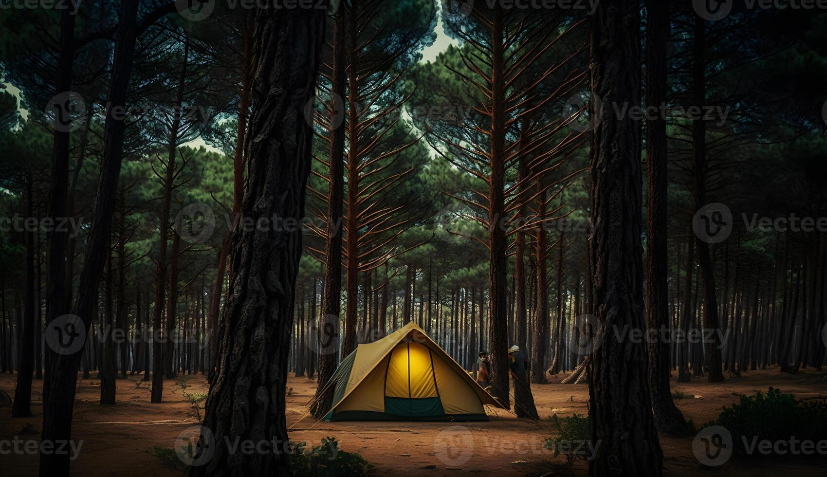 verano acampar en el pino vista al bosque de cámping carpas entre el pino arboles ,generativo ai foto