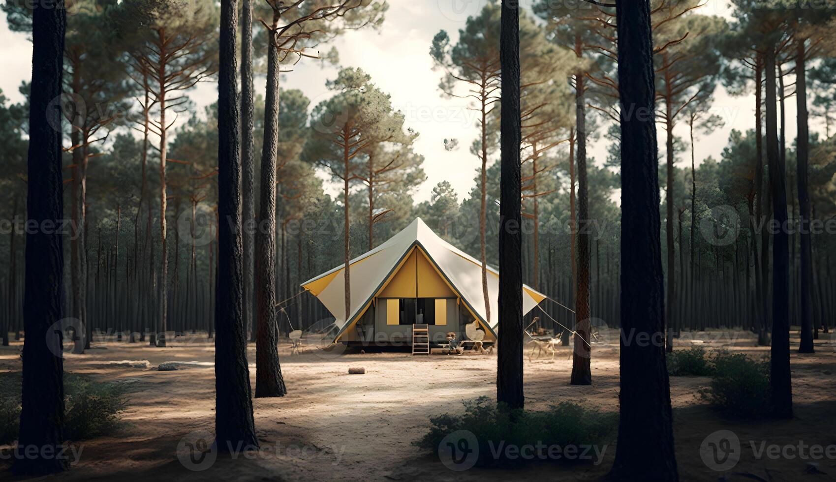 summer camp in the pine forest,view of camping tents among the pine trees , photo