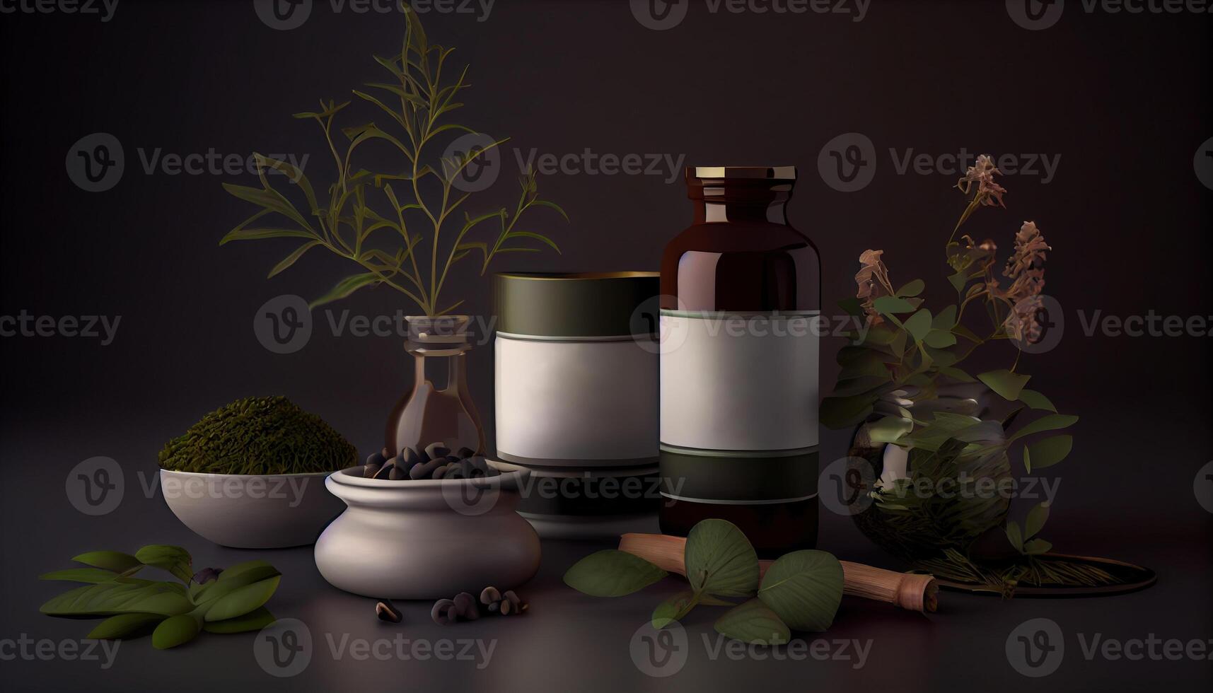 Mockup with cosmetic dispensers and cream jar with branches, moss and leaves. Concept of organic treatment photo