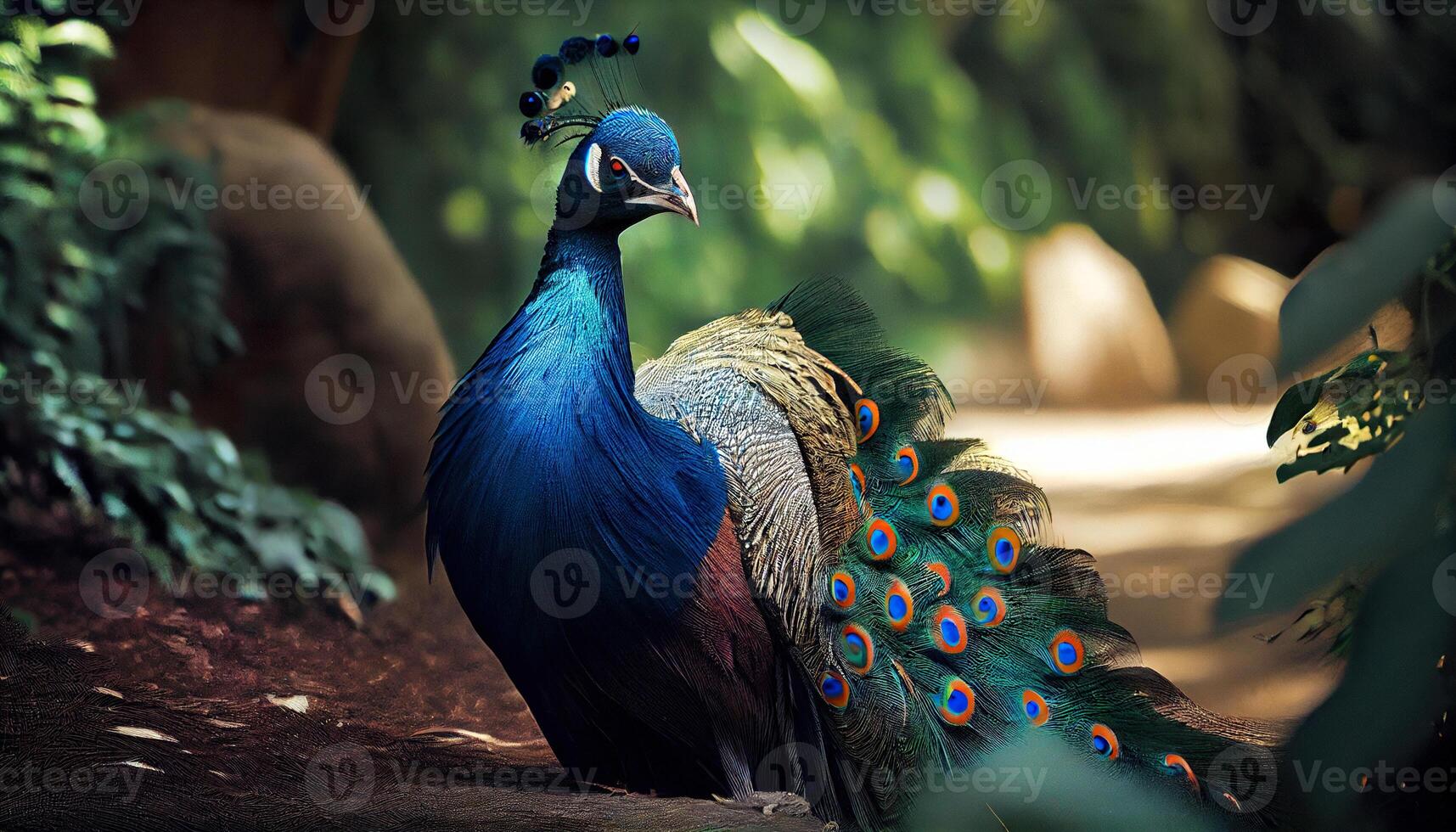 beautiful male indian peacock. Close-Up Of A Peacock With Spread Wings. photo