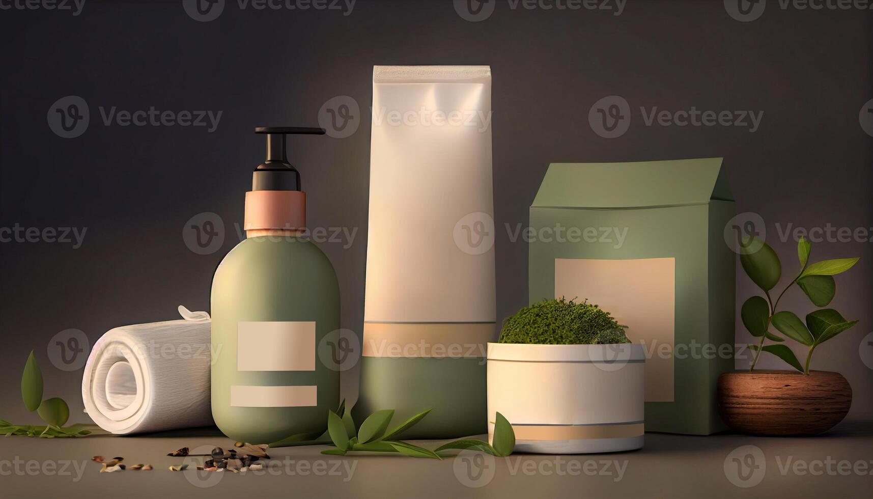 Composition of green jars for cosmetics skin cream, perfume and mousse. Place for text or logo. photo