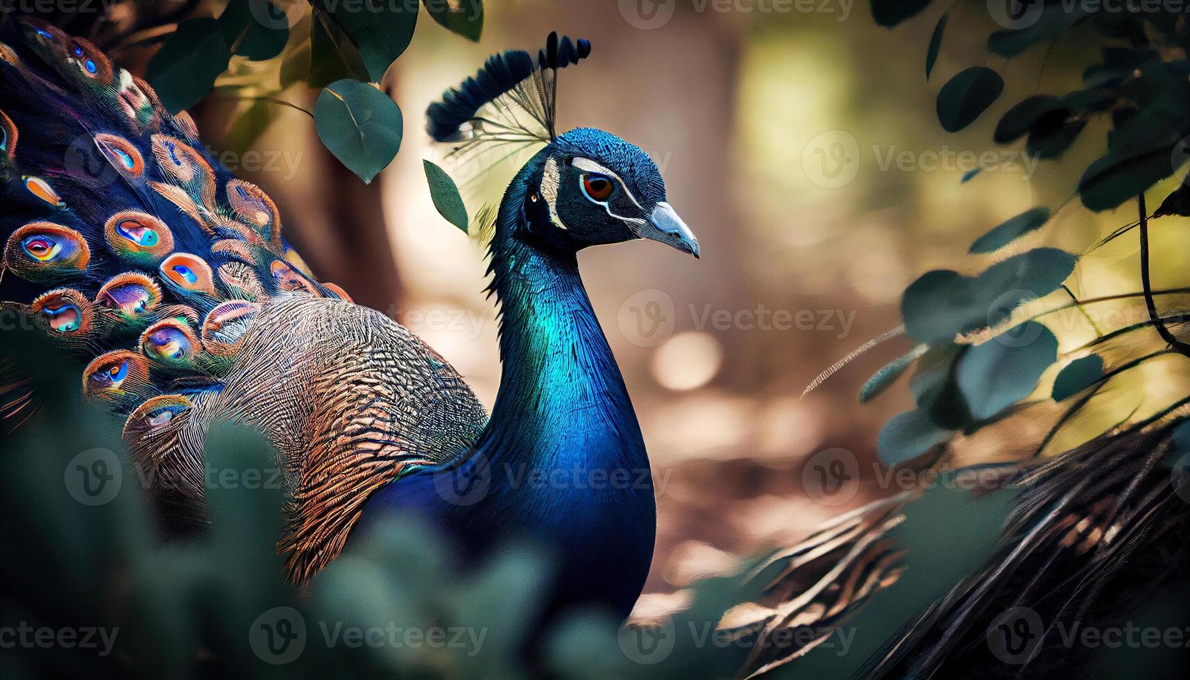 beautiful male indian peacock. Close-Up Of A Peacock With Spread Wings. photo