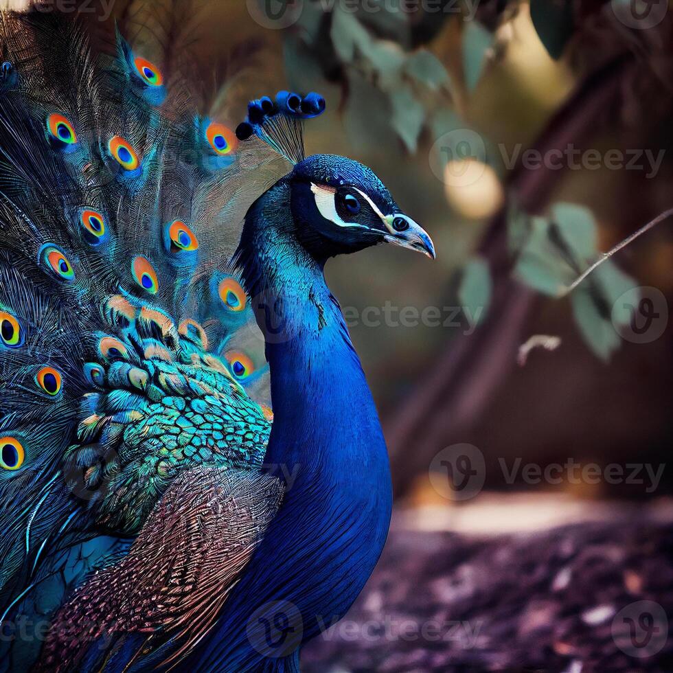 beautiful male indian peacock. Close-Up Of A Peacock With Spread Wings. photo