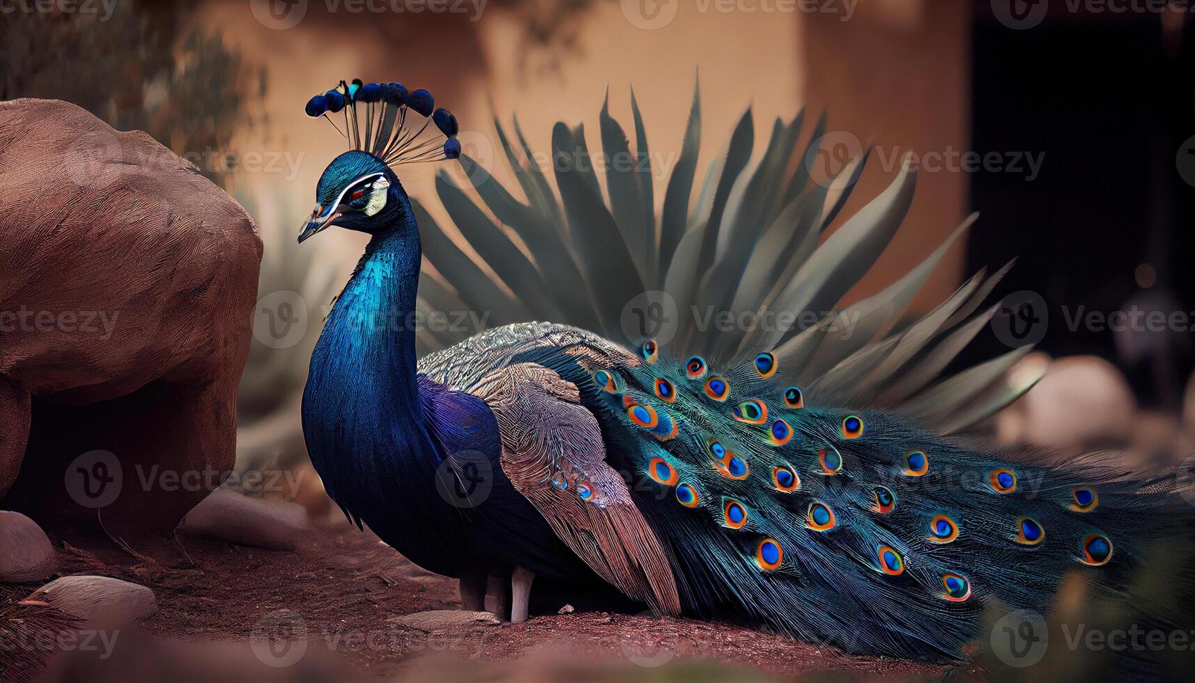 beautiful male indian peacock. Close-Up Of A Peacock With Spread Wings. photo