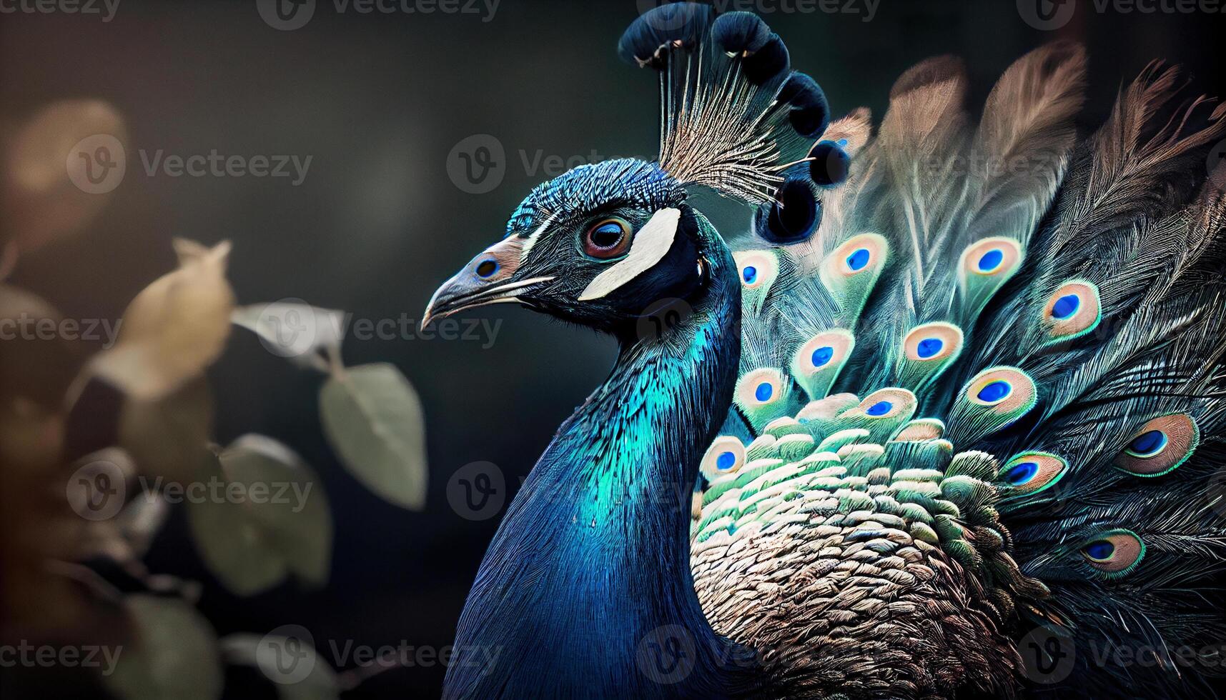 beautiful male indian peacock. Close-Up Of A Peacock With Spread Wings. photo