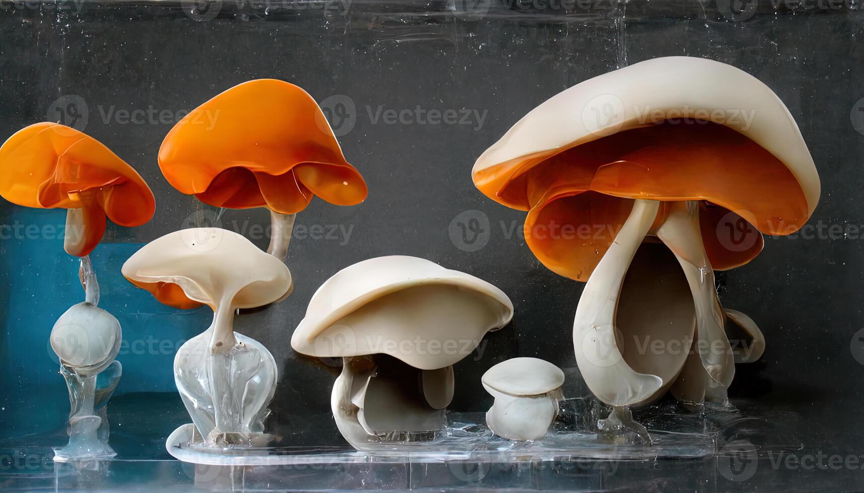 3D Group of mushrooms in plastic containe. photo