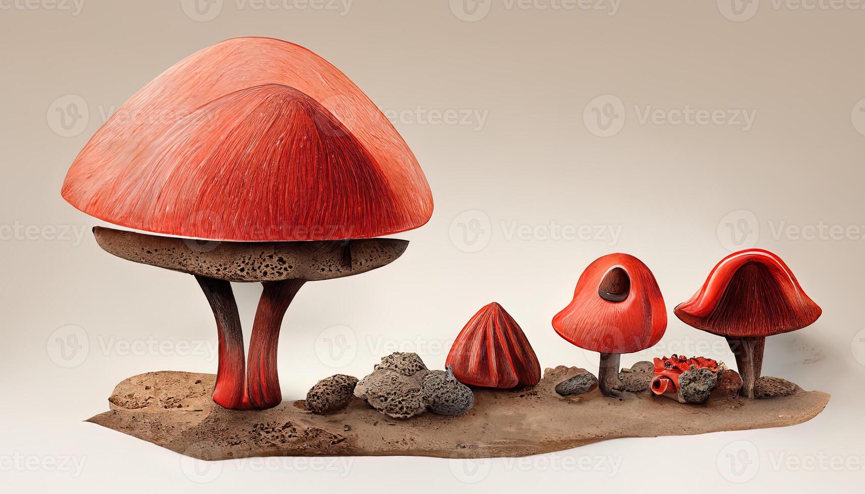3D Cute Red Mushroom In The Ground Illustration. photo