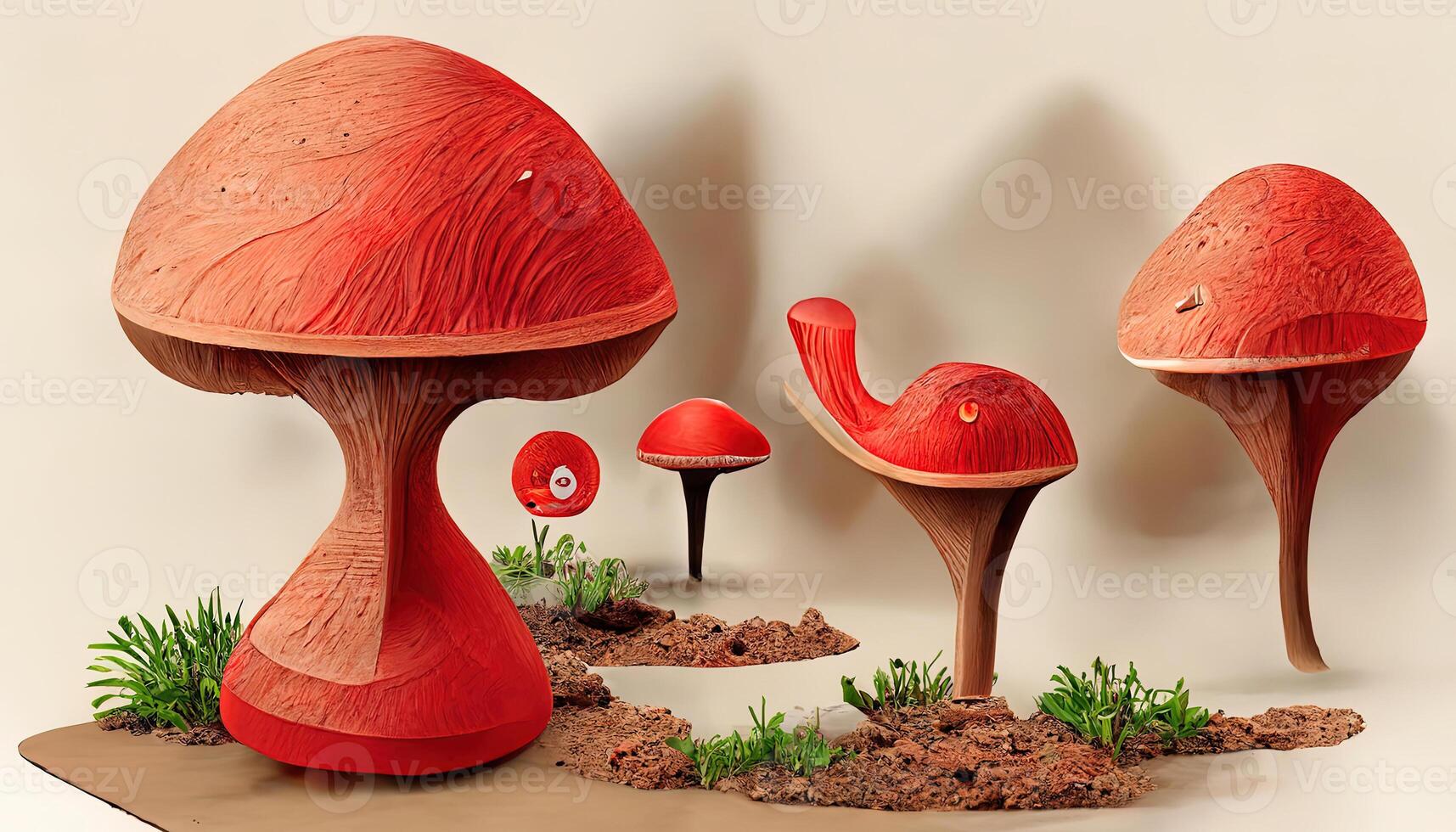 3D Cute Red Mushroom In The Ground Illustration. photo