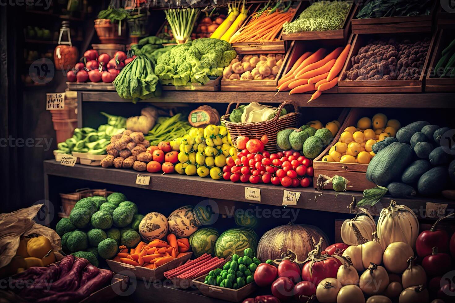 illustration of vegetable farmer market counter colorful various fresh organic healthy vegetables at grocery store. Healthy natural food concept photo