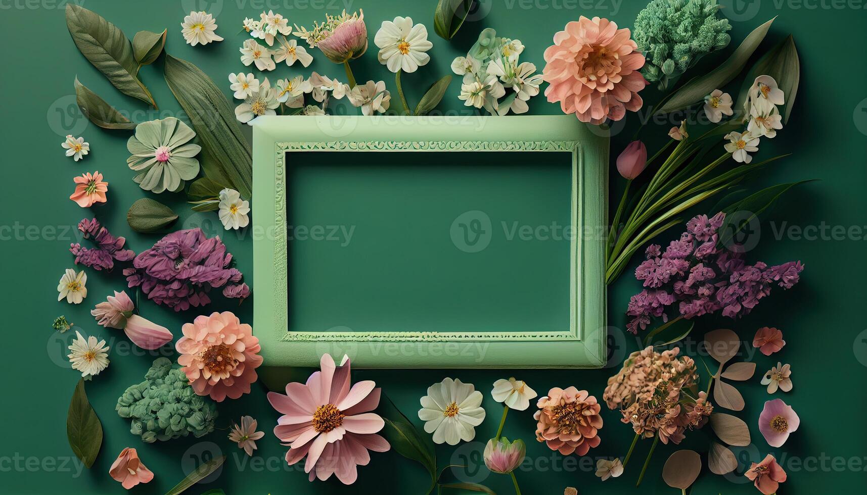 illustration of spring flower frame on green background copy space flat lay mock up photo