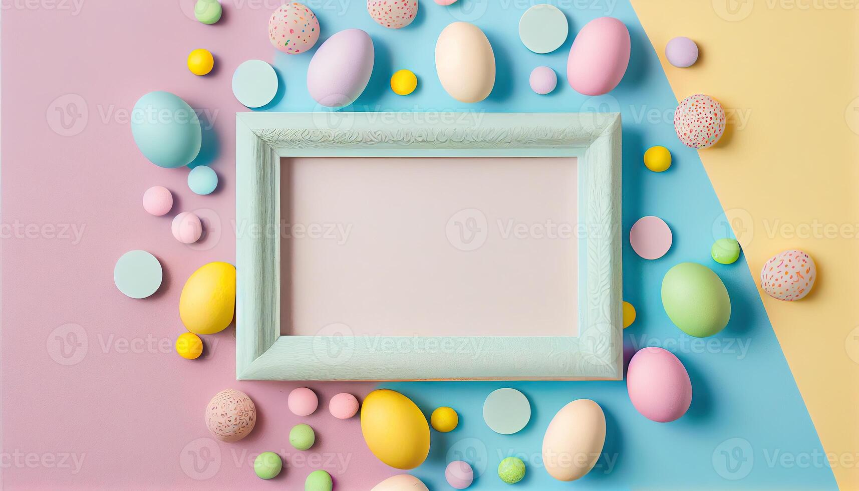 illustration of easter eggs frame on pastel background copy space flat lay mock up photo