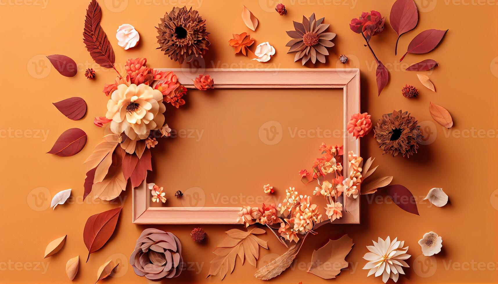 illustration of fall flower frame on pastel brown background copy space flat lay mock up photo